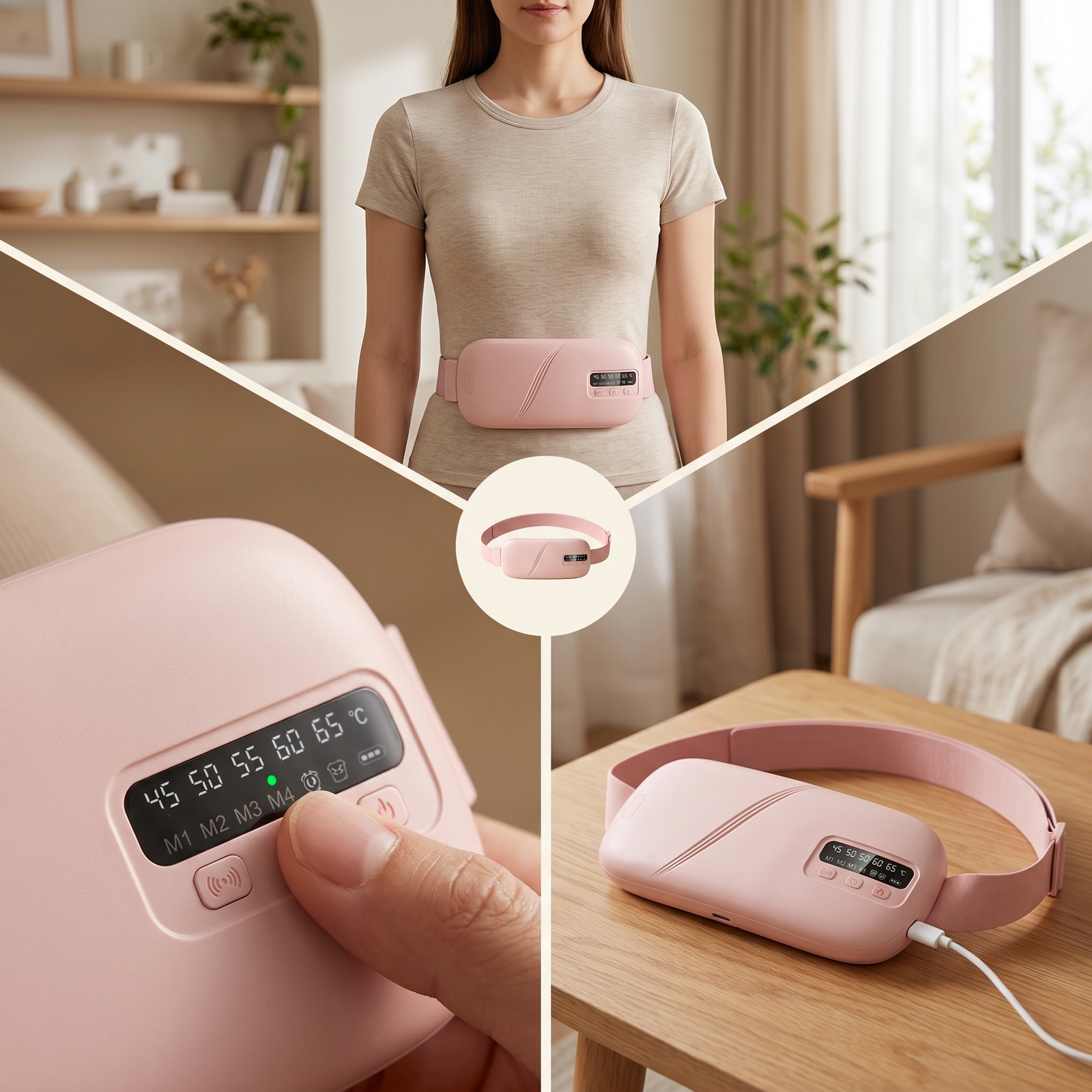Solyvie Period Comfort Pad — worn hands-free, adjustable controls, USB-C charging